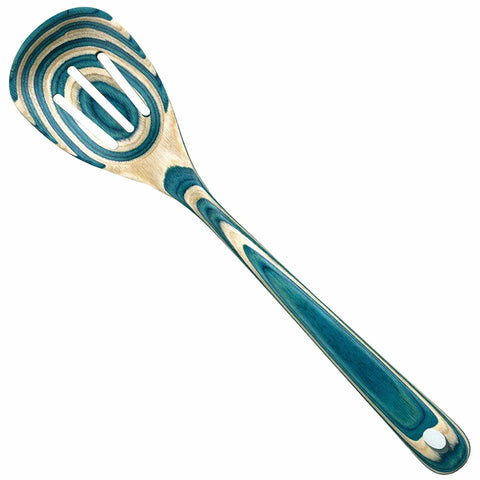 This 12-1/2" Baltique® Mykonos Collection Slotted Spoon by Totally Bamboo showcases a long design adorned with multicolored swirling patterns in blue and natural wood. Its flat, broad head and three slots allow for efficient liquid drainage, seamlessly blending functionality with elegance.