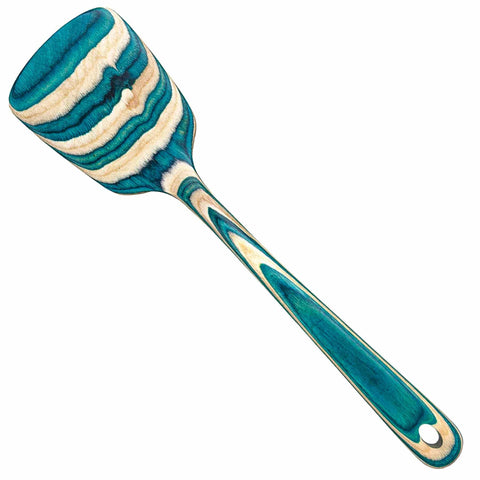 This wooden spatula, part of the Baltique® Mykonos Collection by Totally Bamboo, showcases a teal and cream striped pattern. It has a smooth handle with a round hole for hanging, making it ideal for use with your non-stick cookware. Its length is 12-1/2 inches.