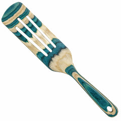 The Baltique® Mykonos Collection Spurtle, 13" from Totally Bamboo is a versatile kitchen tool showcasing a blue and natural wood pattern made from colored birch. It features two slits and includes a handy hole at the end of its handle for easy hanging.