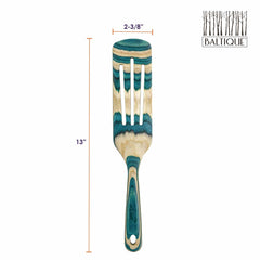 Introducing a versatile kitchen accessory, the Totally Bamboo Baltique® Mykonos Collection Spurtle. This wooden slotted spatula features a captivating green and natural wood grain design. It is part of the distinguished Mykonos Collection, measuring 13 inches long and 2-3/8 inches wide, complete with the brand logo in the top right corner.