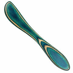 Introducing the Baltique® Mykonos Collection Spreader Knife by Totally Bamboo: an 8-inch handcrafted colored birch butter spreader with a fluid, curved design. This piece showcases a vibrant teal and natural wood grain pattern, with a handle and spreader knife that blend into a symmetrical, elegant shape.