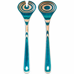 This Salad Serving Set from the Baltique® Mykonos Collection by Totally Bamboo includes a fork and spoon, each crafted from colored birch with circular patterns on their teal and natural wood heads. Both utensils feature a convenient hole at the end of their 11-3/4" handles.