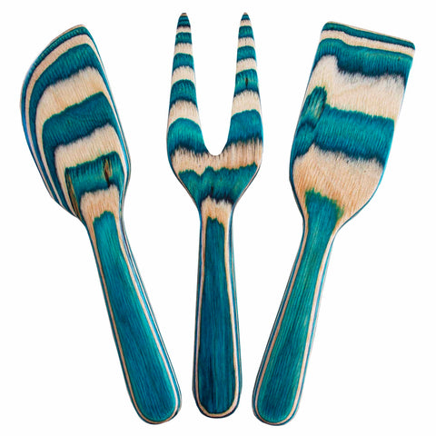 Part of the Baltique® Mykonos Collection by Totally Bamboo, this 3-piece cheese tool set features a striking striped pattern in shades of blue and natural wood. Each tool, crafted from colored birch, includes a spatula, fork, and spreader with a smooth finish and distinctive design. An ideal choice for any culinary enthusiast.