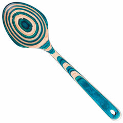 This 14" serving spoon from the Baltique® Mykonos Collection by Totally Bamboo features a distinctive blue and beige swirl pattern. Its unique design, with concentric circles and stripes, is completed by a convenient hole at the handle's end for easy hanging.