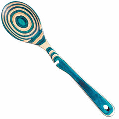 As part of Totally Bamboo's Baltique® Mykonos Collection, this Notched Cooking Spoon highlights a unique blue and natural wood grain pattern. Crafted from colored birch, it features circular designs for a striking appearance and includes a small hole in the handle for easy hanging.