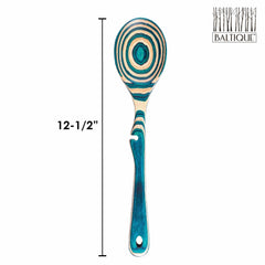 The Baltique® Mykonos Collection Notched Cooking Spoon by Totally Bamboo is a 12.5-inch utensil adorned with a swirl pattern in shades of blue and natural wood tones, made from colored birch. It features a notched handle with a hole for hanging, and the Baltique logo is elegantly positioned in the top right corner.