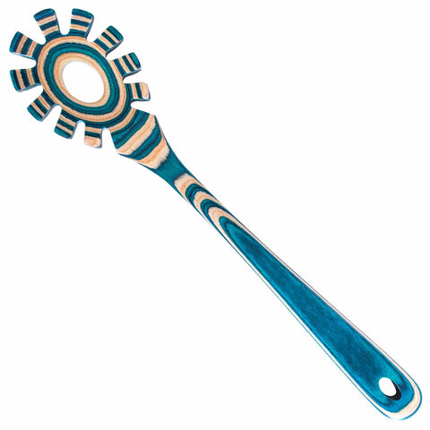 Check out the Baltique® Mykonos Collection Spaghetti Spoon by Totally Bamboo, measuring 12-1/2", which features a vibrant blue and wood-striped colored birch design. This striking utensil is designed with a unique circular pronged shape for serving spaghetti and includes a convenient hole for easy hanging.