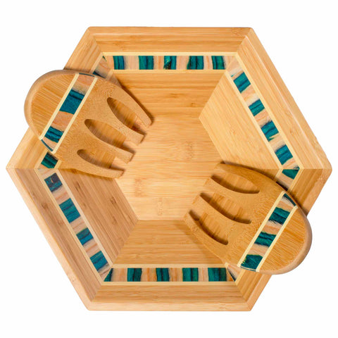 This salad bowl and salad hands set from the Totally Bamboo Baltique® Mykonos Collection showcases beautiful turquoise and wood inlay accents on a hexagonal bamboo design, with the interior including two matching bamboo salad claws that also feature similar turquoise inlaid detailing, all finished with a smooth, polished surface.