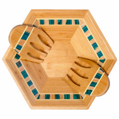 This salad bowl and salad hands set from the Totally Bamboo Baltique® Mykonos Collection showcases beautiful turquoise and wood inlay accents on a hexagonal bamboo design, with the interior including two matching bamboo salad claws that also feature similar turquoise inlaid detailing, all finished with a smooth, polished surface.