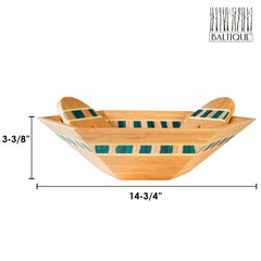 The Totally Bamboo Baltique® Mykonos Collection Salad Bowl & Salad Hands Set is a striking wooden salad bowl with teal and wood grain patterns. It measures 14-3/4 inches in width and 3-3/8 inches in height, showcasing the Baltique logo in the top right corner.