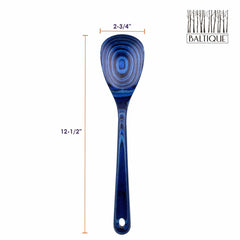 A blue cooking spoon with a striped pattern, part of the Baltique® Malta Collection by Totally Bamboo, is made from colored birch and measures 12-1/2 inches in length and 2-3/4 inches wide at the head. The "Baltiqué Malta" logo is elegantly displayed in the top right corner.