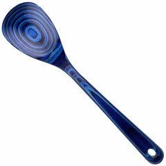 The Totally Bamboo Baltique® Malta Collection Cooking Spoon, measuring 12-1/2", showcases an eye-catching and artistic design with its unique blue and black swirling pattern on the colored birch handle and bowl. The handle is also designed with a hole at the tip for easy hanging.