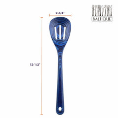 Introducing the Totally Bamboo Baltique® Malta Collection Slotted Spoon, a chic kitchen tool made from colored birch. This elegant blue spoon is 12-1/2 inches in length and 2-3/4 inches in width, complete with useful measurements and adorned with the "Baltique" branding and an enchanting tree design in the top right corner.