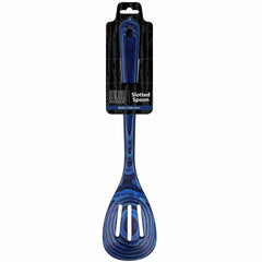 The stylish kitchen utensil, resembling colored birch, is from the Baltique® Malta Collection by Totally Bamboo. The blue slotted spoon, measuring 12-1/2", comes with black packaging featuring "Slotted Spoon" and "Multi Collection." Its handle includes a convenient hole for easy hanging.