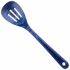 The Baltique® Malta Collection Slotted Spoon by Totally Bamboo is a 12-1/2" kitchen utensil, showcasing a vibrant blue color and crafted from colored birch. It features an elegant swirling pattern on its handle and head, along with a convenient hole at the end for easy hanging.