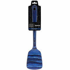 Enhance your kitchen with the Baltique® Malta Collection Spatula, 12-1/2", by Totally Bamboo, featuring a blue and black striped design. This spatula has a textured handle and a convenient hanging hole, making it ideal for use with non-stick cookware while adding a touch of elegance to your cooking experience.