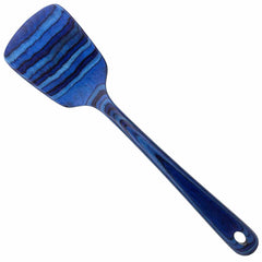 The Baltique® Malta Collection Spatula by Totally Bamboo is a 12-1/2" blue wooden spatula with a striped pattern, made from colored birch. It features a convenient hole at the end of the handle for hanging, making it ideal for use with non-stick cookware.