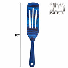 The Baltique® Malta Collection features a striking 13-inch blue and black striped spurtle set against a white background. Perfect for non-stick cookware, the Totally Bamboo brand name and tree logo are elegantly placed in the upper right corner.