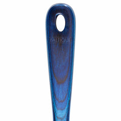 A blue wooden spurtle from the Baltique® Malta Collection by Totally Bamboo, featuring a smooth handle with an engraved "Baltique" and an oval hole at the top for convenient hanging. It is ideal for use with non-stick cookware.