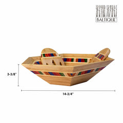 The Baltique® Marrakesh Collection Salad Bowl & Salad Hands Set by Totally Bamboo showcases vibrant striped accents and matching colorful salad hands. This piece captures the essence of the collection, measuring 3-3/8 inches in height and 14-3/4 inches in diameter, with a "Baltiqué" logo featuring thin tree silhouettes adorning the top right corner.