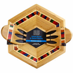 Hexagonal bamboo salad bowl set with vibrant inlaid edges and coordinated salad hands. Labeled as the "Baltique® Marrakesh Collection Salad Bowl & Salad Hands Set" by Totally Bamboo, featuring bamboo with colorful birch inlay.