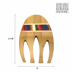 A wooden salad serving set, from the vibrant Baltique Marrakesh Collection by Totally Bamboo, measures 11-3/4 inches in length. It showcases a colorful, striped design characteristic of the collection.