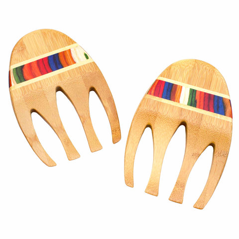 From the Baltique® Marrakesh Collection by Totally Bamboo, this 11-3/4" salad serving set features wooden salad claws with three prongs each. They are adorned with vibrant striped inlays near the top and are crafted from bamboo to provide a smooth, polished finish that adds an elegant touch to any dining experience.