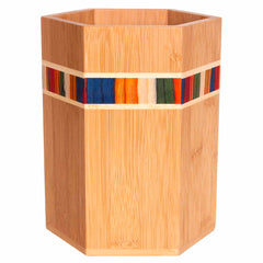 The Baltique® Marrakesh Collection Kitchen Utensil Holder by Totally Bamboo, crafted from Moso bamboo, is ideal for holding kitchen utensils. It boasts a smooth finish and a striking horizontal band of blue, red, orange, and green around its middle.