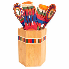 The Baltique® Marrakesh Collection Kitchen Utensil Holder by Totally Bamboo includes three vibrant wooden kitchen tools, each adorned with multicolored designs. The set's matching decorative stripes bring a touch of elegance to any kitchen.