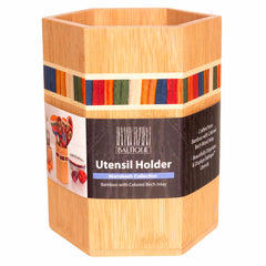 The Totally Bamboo Baltique® Marrakesh Collection Kitchen Utensil Holder is crafted from birch wood and features colorful wooden inlays, showcasing a hexagonal Moso bamboo design to stylishly organize your kitchen essentials.