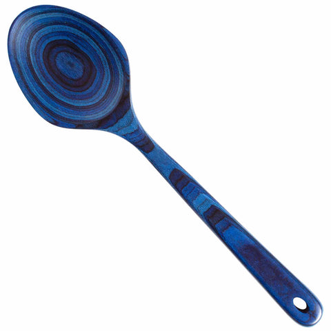 The Baltique® Malta Collection Grand Serving Spoon, 14" by Totally Bamboo, is a stunning piece crafted from colored birch. It boasts a swirling pattern across its blue surface, with various shades creating an artistic look. A functional hole on the handle's end makes it easy to hang and display.