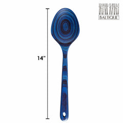 This elegant 14-inch serving spoon from the Totally Bamboo Baltique® Malta Collection boasts a stunning blue swirl pattern design, crafted from colored birch, with the Baltique logo prominently displayed in the top right corner. It's both a functional and decorative piece for your kitchen.