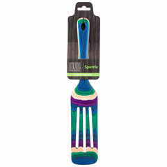 Introducing a lively kitchen essential, the Baltique® Mumbai Collection Spurtle by Totally Bamboo features a non-stick safe slotted design adorned in striking stripes of blue, green, purple, and yellow. It is labeled with "Spurtle" and "Mumbai Collection Spurtle," while its handle is designed with a convenient hanging hole.