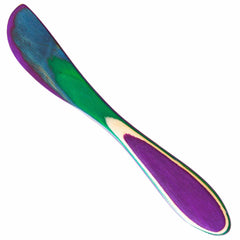 The 8" Baltique® Mumbai Collection Spreader Knife by Totally Bamboo features a vibrant design crafted from colored birch in a blend of purple, green, blue, and white hues. The knife showcases a smooth and curvy design.