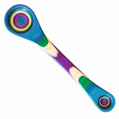 The Baltique® Mumbai Collection 2-in-1 Measuring Spoon by Totally Bamboo, inspired by the vibrant hues of the India peacock, showcases concentric circles in blue, purple, green, and yellow. Made from colored birch, it features "1 Tbsp" on one end and "1 Tsp" on the other.