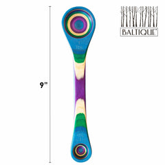 Presenting the Totally Bamboo Baltique® Mumbai Collection 2-in-1 Measuring Spoon, a stunning 9-inch utensil inspired by India’s peacock. Made from colored birch, it showcases a teaspoon on one end and a tablespoon on the other, adorned with layered colors of blue, purple, green, and natural wood alongside an abstract tree logo.