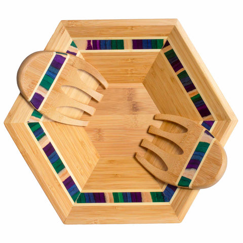 The Baltique® Mumbai Collection Salad Bowl & Salad Hands Set by Totally Bamboo features a hexagonal bamboo salad bowl with colorful striped accents on the edges. Inside, two matching bamboo salad hands with similar vibrant patterns are included, adding a touch of elegance to any dining experience.