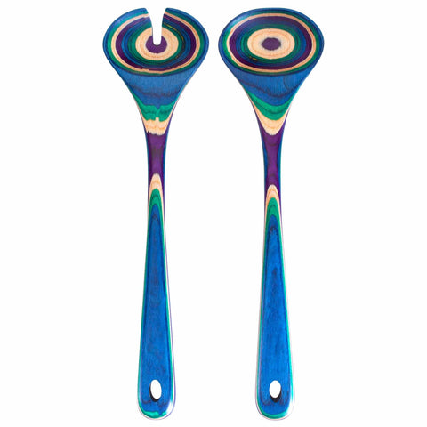 From the Baltique® Mumbai Collection by Totally Bamboo, this vibrant Salad Serving Set includes two colorful utensils crafted from colored birch. Featuring one solid and one slotted utensil, the set showcases bold circular patterns with a glossy finish in layered shades of blue, green, purple, and natural tones.