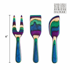 Explore the vibrant charm of the Baltique® Mumbai Collection 3-Piece Cheese Tool Set by Totally Bamboo, featuring colorful birch wooden cheese tools. Each piece highlights striking layers of blue, green, purple, and natural tones. A 6-inch measurement provides scale. Look for the "Baltique" logo in the top right corner.