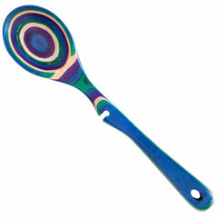 Introducing the Baltique® Mumbai Collection Notched Cooking Spoon by Totally Bamboo, expertly crafted from colored birch wood. It features vibrant swirling patterns in shades of blue, green, purple, pink, and natural wood. The handle comes equipped with a hole near the end and a convenient notch on the side.