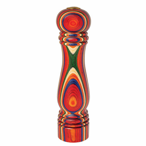 From the Baltique® Marrakesh Collection by Totally Bamboo, this refillable salt shaker features a colorful design with a smooth finish and swirling patterns in vibrant shades of red, orange, yellow, green, and blue. Its classic hourglass shape and metal cap make it a perfect addition to any dining setting as both a salt shaker and grinder.