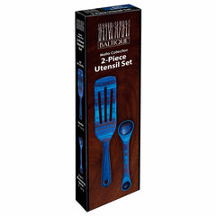 A package featuring the Baltique® Malta Collection 2-Piece Utensil Set by Totally Bamboo, beautifully displays a spatula and an elegant wooden spurtle adorned with blue swirling patterns on a dark brown background.