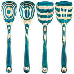 Discover the Baltique® Mykonos Collection 4-Piece Cooking Utensil Set by Totally Bamboo. This exquisite set features four wooden kitchen tools, each with a unique shape and vibrant layered designs in teal, white, and wood brown. Included are a spoon, slotted spoon, ladle, and spatula to enhance your culinary adventures.