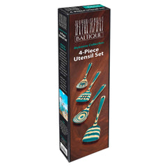 The Totally Bamboo Baltique® Mykonos Collection 4-Piece Cooking Utensil Set features striking packaging, with a dark box that highlights vibrant kitchen tools decorated in turquoise and brown striped patterns.