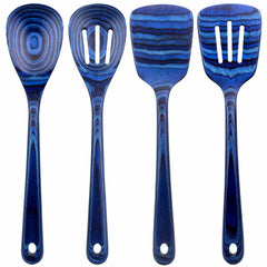 This colorful birch cooking utensil set from the Baltique® Malta Collection by Totally Bamboo features four blue wooden pieces with distinctive swirled grain patterns: a spoon, a slotted spoon, a turner, and a slotted turner. Each utensil is designed with a convenient hole at the end of the handle for easy hanging.