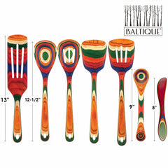 Introducing the Baltique® Marrakesh Collection 7-Piece Cooking Utensil Set by Totally Bamboo, crafted from colored birch with each utensil showcasing a distinctive striped pattern in vibrant hues of red, blue, green, and orange. The set includes spatulas and spoons measuring 13", 12.5", 9", and 8", all elegantly featuring the Baltique logo.