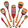 Explore the colorful Baltique® Marrakesh Collection by Totally Bamboo. This 7-piece cooking utensil set features wooden spatulas, spoons, and a knife with vibrant concentric circles and stripes in red, orange, green, blue, and natural wood tones.