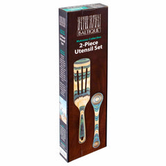 Box of a Totally Bamboo Baltique® Mykonos Collection 2-Piece Utensil Set, showcasing a spatula and a spoon adorned with vibrant blue, green, and natural wood designs set against a rich brown background. This beautiful set is the perfect addition to any kitchen inspired by the Mykonos Collection's charm.