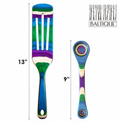 Introducing the Baltique® Mumbai Collection 2-Piece Utensil Set from Totally Bamboo: a vibrant utensil set featuring a colorful wooden spatula and spoon. Crafted from colored birch, the 13-inch spatula and 9-inch spoon flaunt vivid stripes in green, blue, purple, and natural hues—perfect for adding flair to any kitchen.