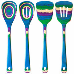 Introducing the Baltique® Mumbai Collection 4-Piece Cooking Utensil Set from Totally Bamboo, featuring four vibrant tools: a ladle, slotted spoon, spatula, and slotted spatula. Crafted from Colored Birch, each utensil is adorned with stunning multicolored stripes in blue, green, and purple hues.